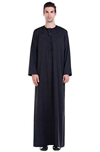 GladThink Herren Muslim Araber Thobe Mit Langen Ärmeln Runder Kragen Schwarz L von GladThink