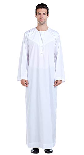 GladThink Herren Muslim Araber Thobe Mit Langen Ärmeln Runder Kragen Weiß L von GladThink
