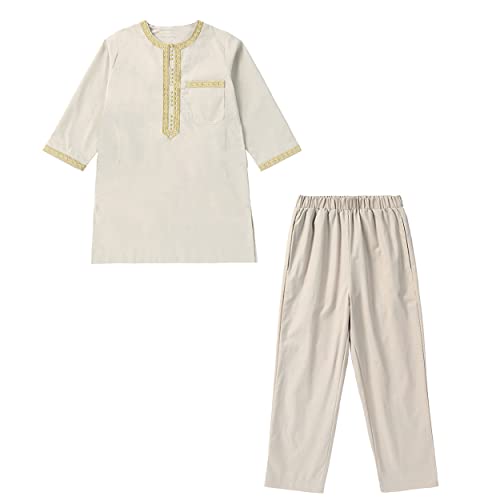 GladThink Junge Naher Osten Muslim Bestickt Lange Ärmel Roben-Set Beige 130 von GladThink