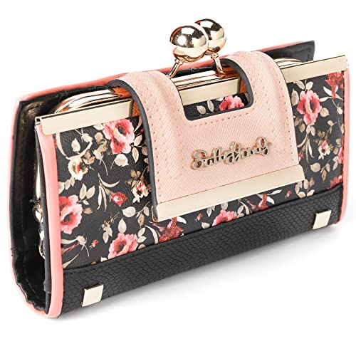 Damen Geldbörse Veganes Leder große Kapazität Clutch Mit 10-Kartenfächern und ID-Fenster, Blume Elegant Abendtasche Tasche mit Schnalle in der Mitte von Gladdon