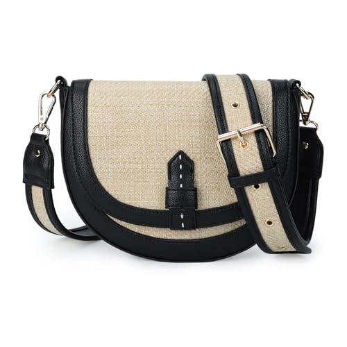 Gladdon Damen Handy Umhängetasche Kleine Handtasche,Crossbody Bag Schultertasche Reißverschlussfächern Stroh und veganes Leder mit Verstellbar Abnehmbar Schultergurt(Schwarz) von Gladdon