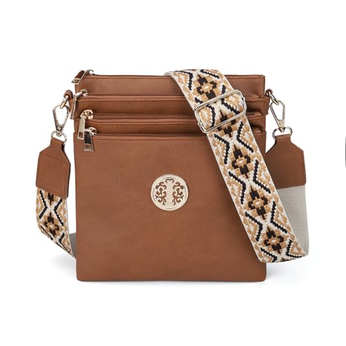 Gladdon Damen Umhängetasche mittelgroß aus umweltfreundlichem Kunstleder 5 Reißverschluss-Taschen, breiter Webstoffgurt Handtasche(Braun) von Gladdon