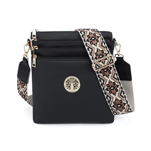 Gladdon Damen Umhängetasche mittelgroß aus umweltfreundlichem Kunstleder 5 Reißverschluss-Taschen, breiter Webstoffgurt Handtasche(Schwarz) von Gladdon