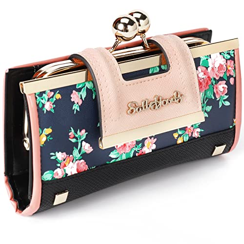 Damen Geldbörse Veganes Leder große Kapazität Clutch Mit 10-Kartenfächern und ID-Fenster, Blume Elegant Abendtasche Tasche mit Schnalle in der Mitte von Gladdon