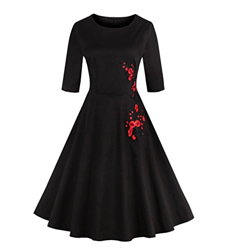 Damen Abendkleid Elegant Cocktailkleid 3/4 Arm mit Gestickt Knielang Partykleid Swing Kleid M Schwarz von Gladiolus