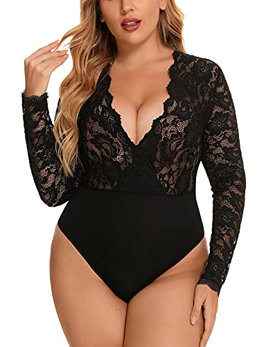 Damen Body mit Spitze, tiefer V-Ausschnitt, Druckknopf, im Schritt, langärmelig, L-XXXL, schwarz, Large von Gladiolus