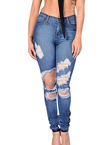 Gladiolus Damen Jeanshose Höhe Taille Schlanke Passform Strecken Jeans Gerissen Loch Unregelmäßigen Bleistift Hose Hellblau 42EU von Gladiolus