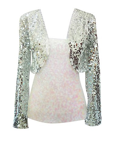 Gladiolus Damen Pailletten Bolero Schulter Jäckchen Besetzter Glitzer Retro Disco Langarm Silber Einheitsgröße von Gladiolus