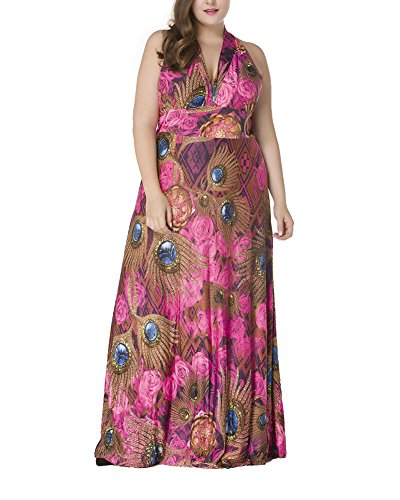 GladiolusA Damen Gedrucktes Kleid Partykleid Große Größe Kleid Ärmellos Cocktailkleid Abendkleid Sommerkleider Strandkleider Lang Maxikleid Rosa 7XL von GladiolusA