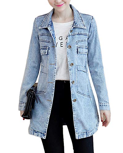 GladiolusA Damen Jacke Mantel Lange Jeansjacke Denim Jacket Blouson Übergangsjacke Outwear Trenchcoat Hellblau L von GladiolusA