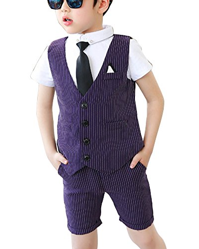 GladiolusA Jungen Festliches Anzug-Set Dreiteilig Kinder Anzug Weste + Shorts + T-Shirt Violett /110 von GladiolusA