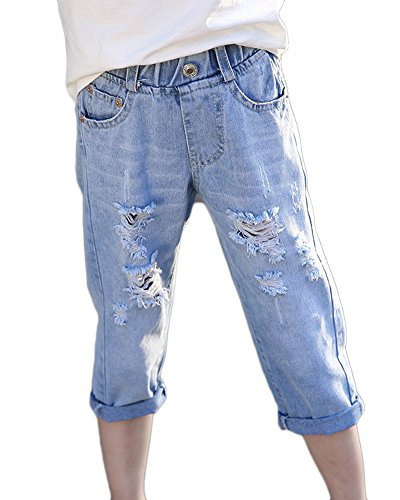 GladiolusA Mädchen Jeanshose Denim Lange Hosen Loch Caprihose Jeans Mit Risse Blau 140 von GladiolusA