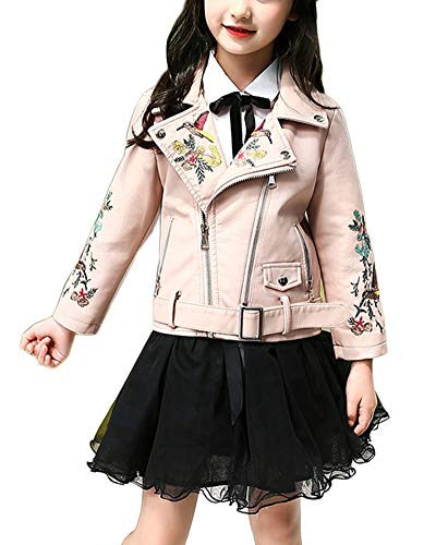 GladiolusA Mädchen Pu Lederjacke Mantel Biker-Stil Übergangsjacke Herbst Winter Bomber Jacke Mantel Pink 130CM von GladiolusA