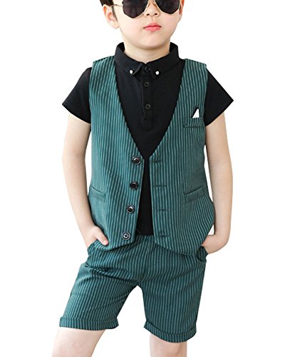 Jungen Festliches Anzug-Set Dreiteilig Kinder Anzug Weste + Shorts + T-Shirt Grün /110 von GladiolusA