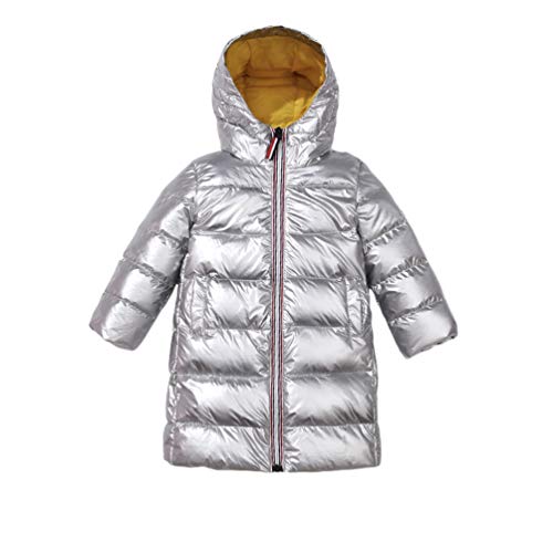 Kinder Junge Mädchen Daunenjacken Wasserabweisend Daunenmantel Fashion Lang Kälteschutz Jacke Lang Kälteschutz Mantel Mit Kapuze Silber 130CM von GladiolusA