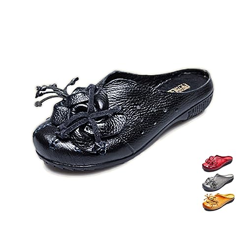 Damen Handnähte Leder Cutout Pantoletten & Clogs Hausschuhe Vintage Blumen Atmungsaktiv Rückenfrei Weich Slip On Walking Schuhe Ethno Stil Loafer, Schwarz, 39.5 EU von Gladtbser