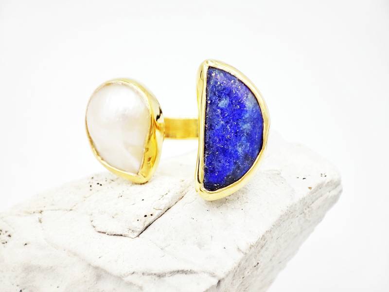 Lapis Lazuli & Barocke Perle Ring 18K Vergoldetes Sterling Silber von GlafxJewelry