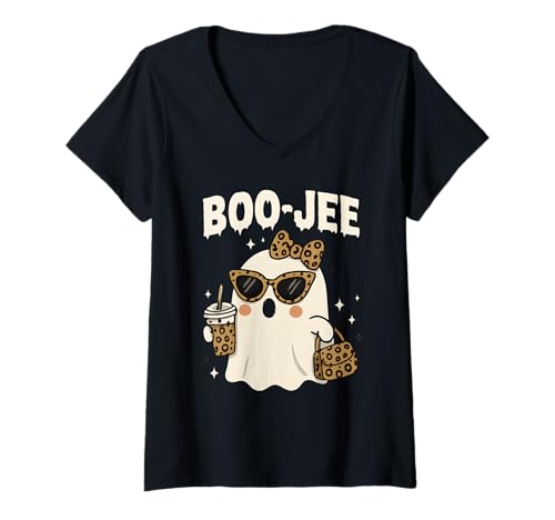 Damen Boo-JEE Leopard Print Ghost Lustig Niedlich Glam Halloween T-Shirt mit V-Ausschnitt von Glam Ghost Designs