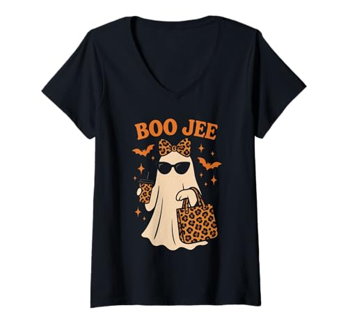 Damen Boo JEE Stylischer Geist Leopard Print Halloween Cute T-Shirt mit V-Ausschnitt Damen Boo JEE Stylischer Geist Leopard Print Halloween Cute T-Shirt mit V-Ausschnitt von Glam Spooky Retro Vibes
