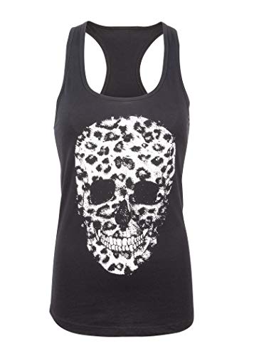 Schwarzes Damen Totenkopf mit Leopardenmuster Animal Print Skull Gothic Punk Tank Top T-Shirt – Gr. L von Glam and Gloria