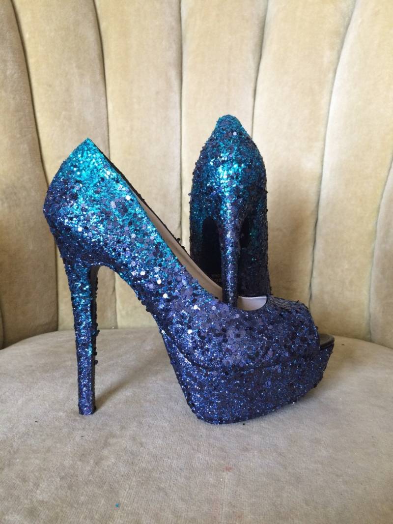 Glitzer High Heels. Ombre Petrol Und Dunkles Marineblau. Brautschuhe. Größen 5, 5-11 von GlamAndGloryLab