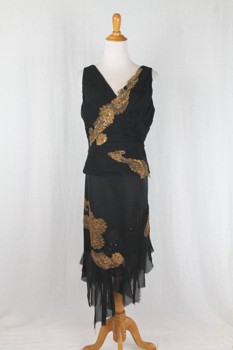 Adrianna Pall Perlenbesetztes Seiden-Chiffon-Kleid 1920Er Jahre Inspirierter Rock & Bustier-Oberteil von GlamArchive2