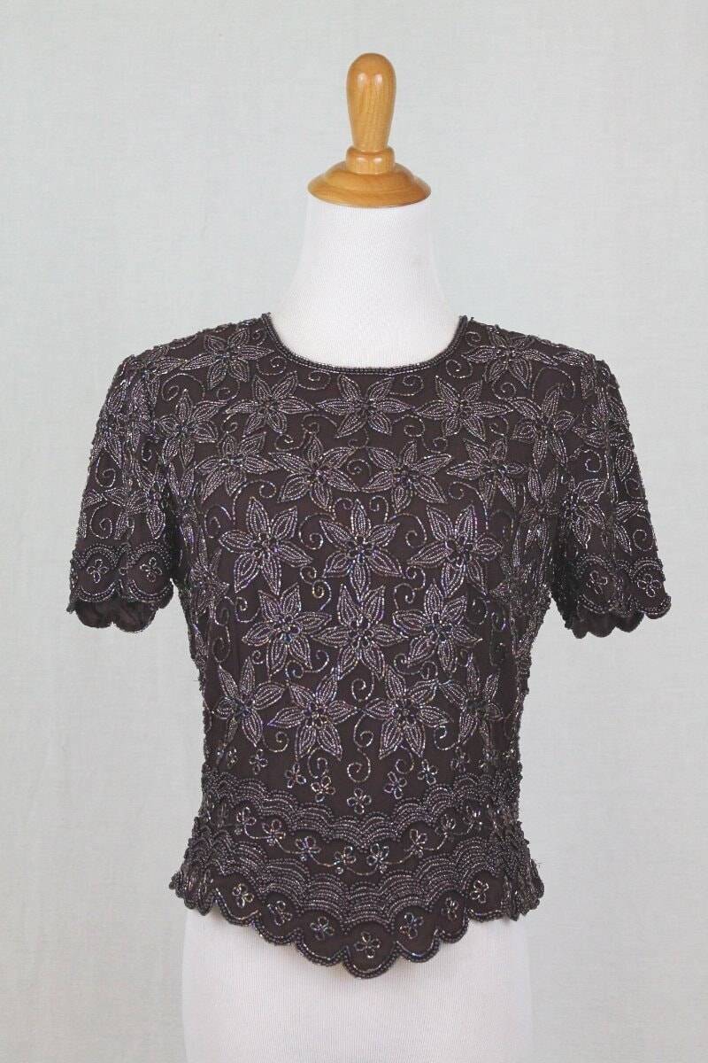 Vintage Adrianna Pall Perlen Besticktes Seiden Top 1990Er Jahre Blumen Design von GlamArchive2
