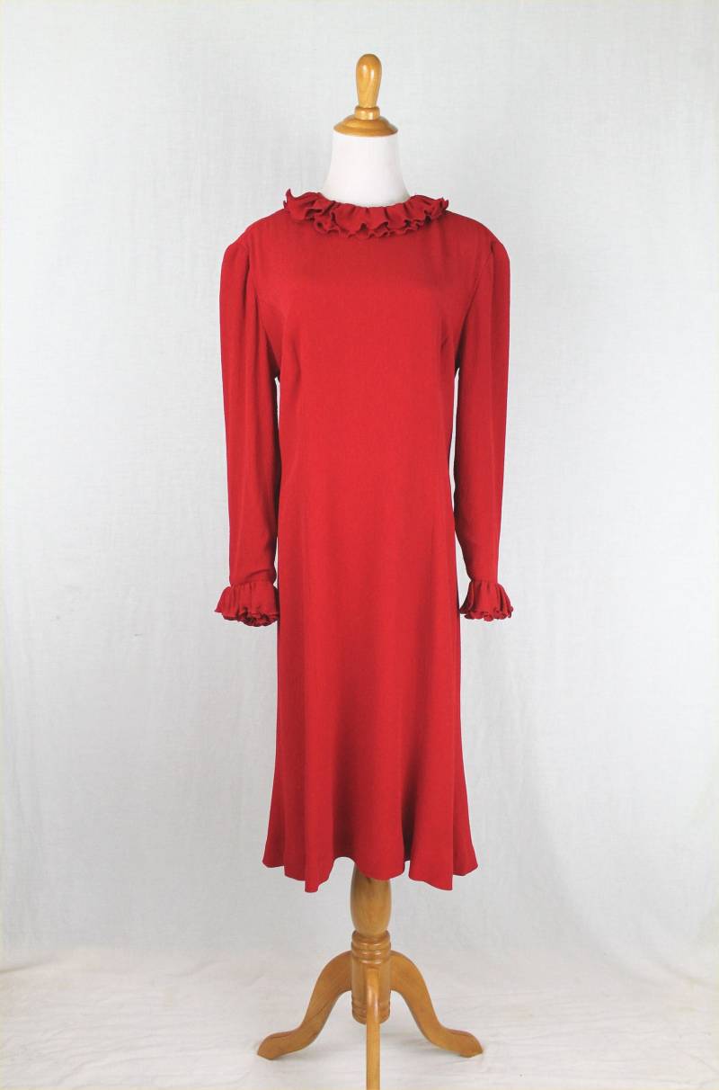 David Hayes Nancy Reagan Rotes Crepe Rüschen Kleid 1983 Größe 10 Medium von GlamArchive2