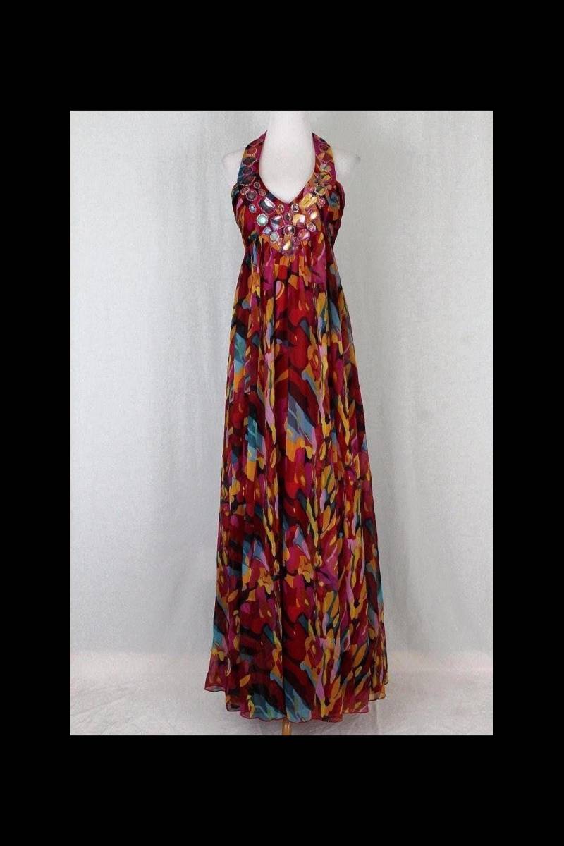 Vintage Adrianna Papell Langes Chiffon Maxi Kleid Mit Rotem Und Mehrfarbigem Neckholder-Kleid von GlamArchive2