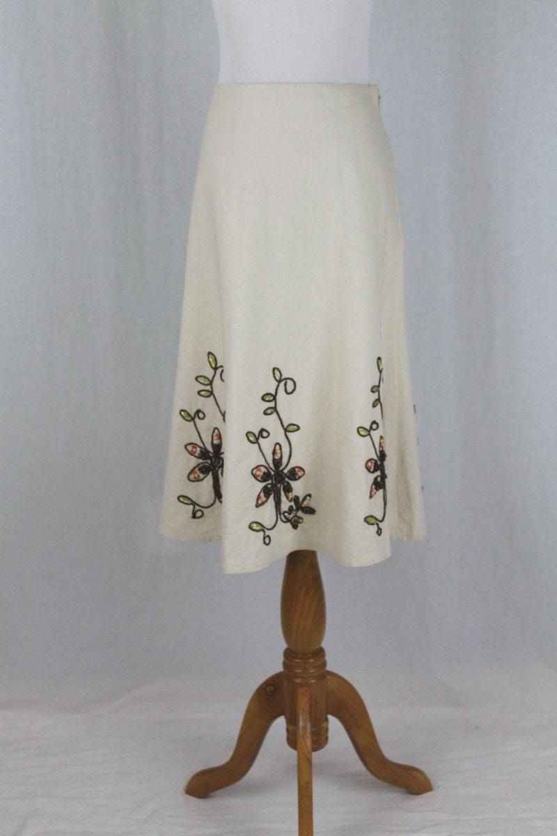 Vintage Carole Little Bestickte Leinen A-Line Ausgestellter Rock Neu Zustand 8 Medium von GlamArchive2