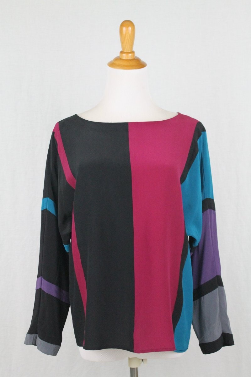 Vintage Jack Mulqueen Seide Dolman Ärmel Colorblock Langarm Bluse Medium Vintage Jack Mulqueen Seide Dolman Ärmel Colorblock Langarm Bluse Medium von GlamArchive2