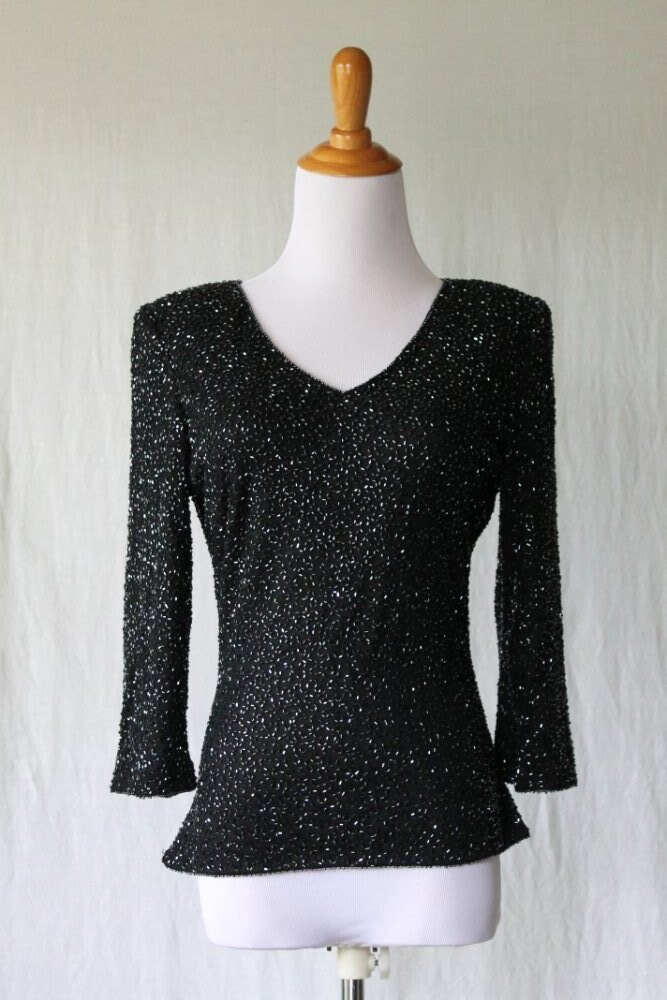 Vintage Laurence Kazar Perlenbesetztes Schwarzes Top - Y2K Langarm, Größe S von GlamArchive2