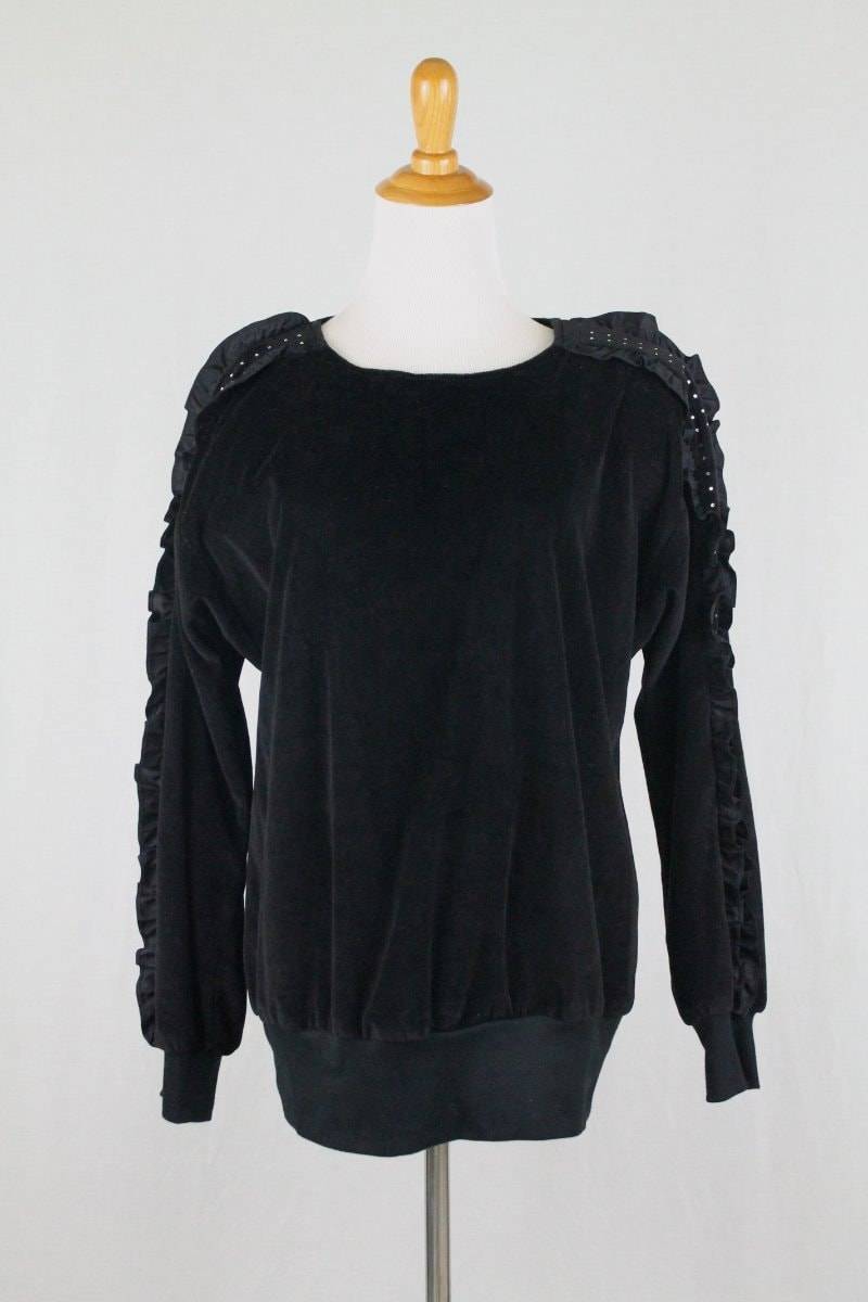Vintage Schwarzes Velour Sweatshirt Strass Rüschen Ärmel, 80Er Jahre Designer Top | S von GlamArchive2