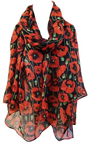 GlamLondon Schal mit Mohnblumen-Aufdruck, rot, perfekter Mohnblumen-Druck, modisch, für Damen, klassisch, groß, P-7182, Schwarz, 42 von GlamLondon