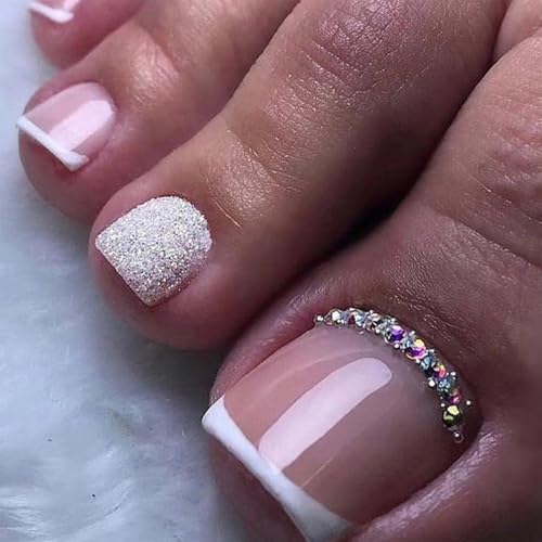 GlamRays 24 Stück Aufkleber Fußnägel Französische Spitzen Falsche Fußnägel Mit Design Strass Aufkleber Fußnägel Mit Rauten-Design Für Frauen von GlamRays