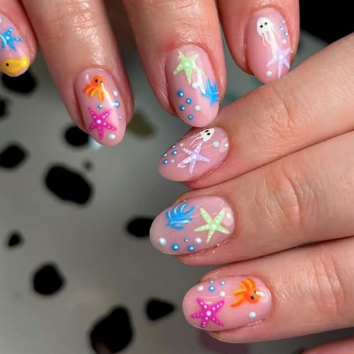 GlamRays Cute Ocean Serie Tintenfisch Seestern Press-on-Nägel Ovale Falschnägel Voll-Bestückung Glanz Gel-Nägel Damen Falschnägel 24 Stück von GlamRays