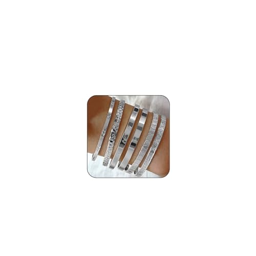 GlamRays Silber Bangle Armband für Frauen 14k Verplättetes Mehrschichtiges Cuff Armband Set Trendiges Boho Strukturiertes indisches Punkiges Chunky Kabel Glattes Armband von GlamRays