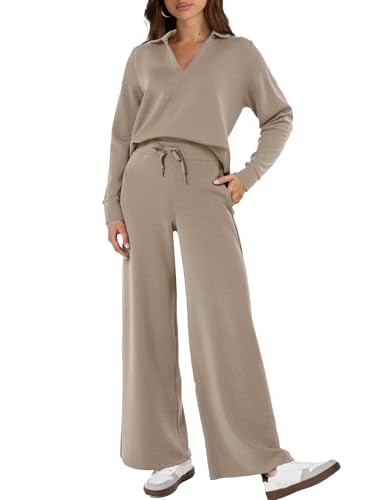 Glamaker 2-teiliges Damen-Set, lässig, langärmelig, Sweatsuits, Polo-Top und Hose mit weitem Bein, passende Sets, CAMEL, XL von Glamaker