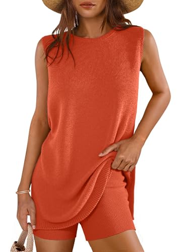 Glamaker Damen 2-teiliges kurzes Set, Sommer, Lounge-Sets, Pullover, Strick, Strand, Urlaub, passende Sets für Reisen, Outfits, Rostrot, L von Glamaker