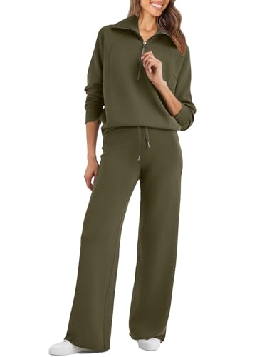 Glamaker 2-teiliges Damen-Sweatanzug-Set, übergroß, halber Reißverschluss, Sweatshirt mit weitem Bein, Lounge-Set, Trainingsanzug, Grün (Army Green), X-Large von Glamaker