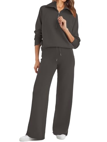 Glamaker 2-teiliger, überschnittener Sweatanzug, Sweatshirt mit Troyerkragen, Hose mit weitem Bein, Lounge-Set, Trainingsanzug, grau dunkel, Small von Glamaker