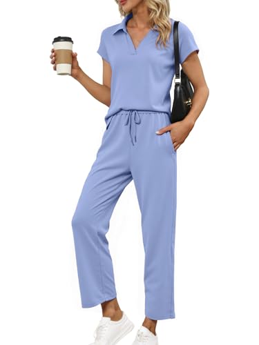 Glamaker 2-teiliges Sommer-Outfit für Damen, Lounge-Set, Flügelärmel, Poloshirt und Hose, Trainingsanzug, Reiseanzug, passendes Outfit 2025, Blau, Medium Glamaker 2-teiliges Sommer-Outfit für Damen, Lounge-Set, Flügelärmel, Poloshirt und Hose, Trainingsanzug, Reiseanzug, passendes Outfit 2025, Blau, Medium von Glamaker