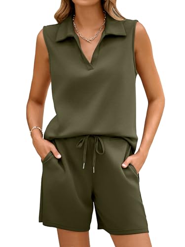Glamaker Ärmelloses zweiteiliges Damen-Set, Sommer, V-Ausschnitt, Sweatsuits, Air-Essentials, Outfits, Reise-Trainingsanzug, Grün (Army Green), Large von Glamaker