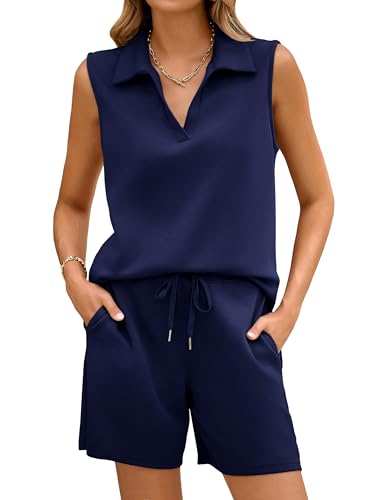 Glamaker Ärmelloses zweiteiliges Damen-Set, Sommer, V-Ausschnitt, Sweatsuits, Air-Essentials, Outfits, Reise-Trainingsanzug, Marineblau, X-Large von Glamaker
