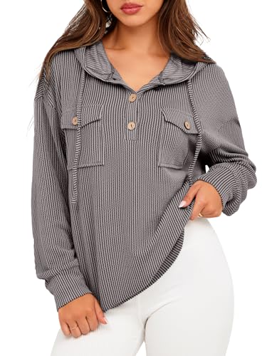 Glamaker Lässiges gestreiftes Kapuzen-Sweatshirt mit Knopfleiste und Kordelzug, langärmeliger Pullover mit Taschen, GRAU, M von Glamaker