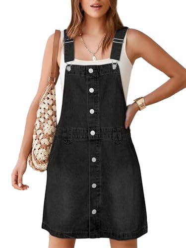 Glamaker Damen Denim Overall Kleid Jeans Ärmellos 2025 Mini Latzhose Casual Knopf Kleid mit Tasche, Schwarz, Groß von Glamaker