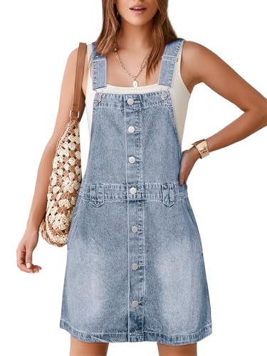 Glamaker Damen Denim Overall Kleid Jeanskleid Ärmellos 2025 Mini Latzhose Shorts Pullover Knopf Kleid mit Tasche, weiß / blau, X-Groß von Glamaker