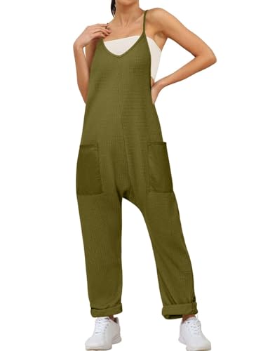 Glamaker Lässiger Damen-Overall, Waffelstrick, Overall, Baggy, Einteiler, ärmellos, lockere Passform, Umstands-Jumpsuit mit Tasche, 1#army Green, Small von Glamaker