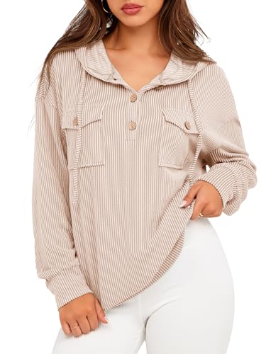 Glamaker Lässiges gestreiftes Kapuzen-Sweatshirt für Damen, Knopfleiste, Kordelzug, Kapuzenpullover, langärmelig, Pullover mit Taschen, aprikose, XL von Glamaker