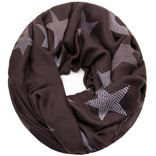 Glamexx24 Damen Loop Schal Sterne Strass Leichter Schlauchschal Tuch für Frühling und Herbst SC20170401, Dunkelbraun von Glamexx24